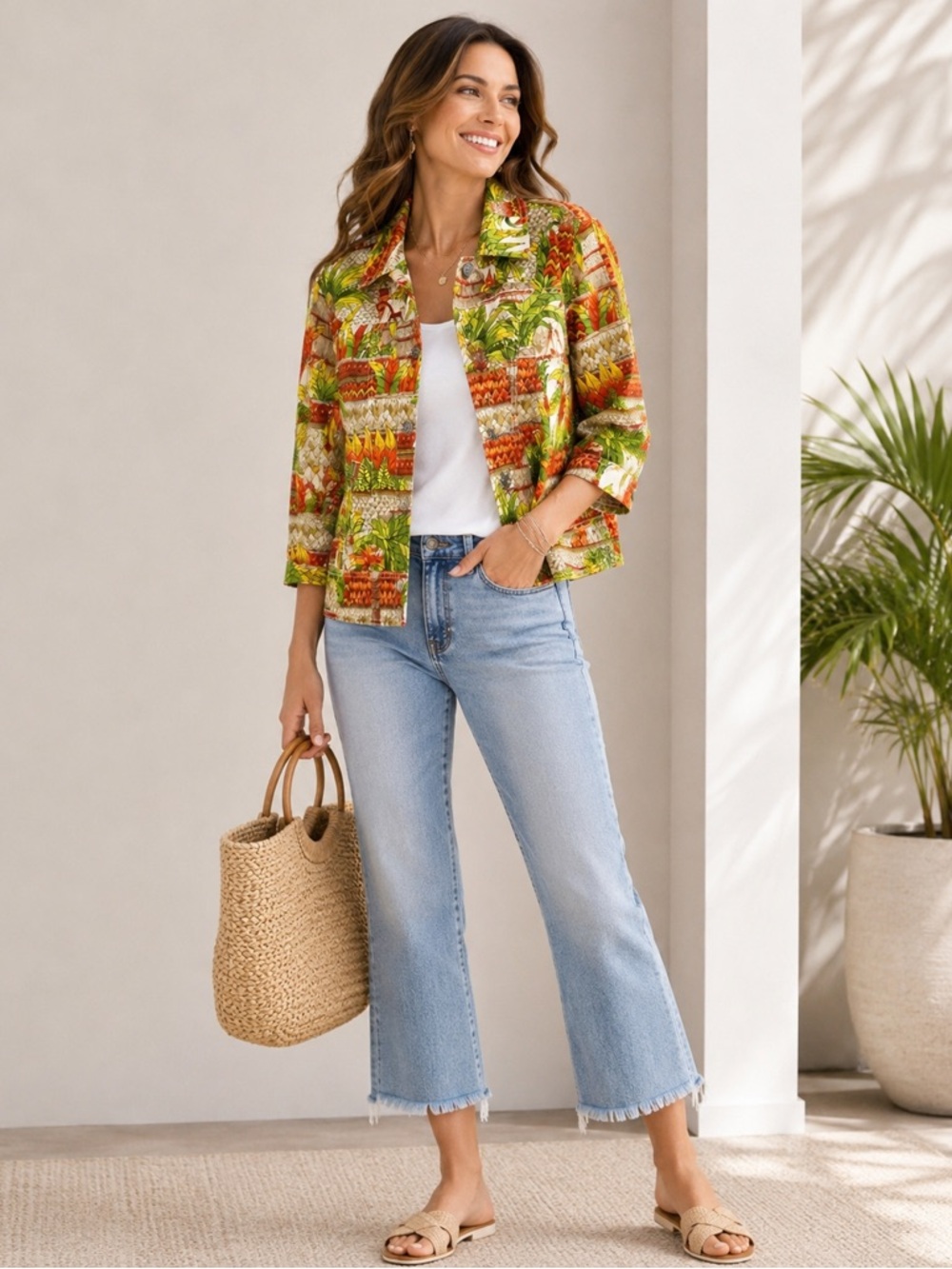 Chico’s Tropical Monkey Print Jacket Size Medium Cotton Stretch Button Front
